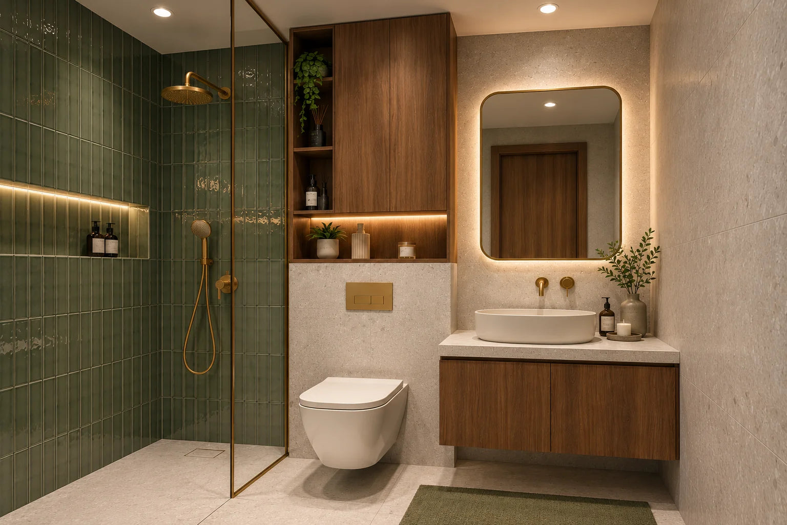 Apartment bathroom with green tile shower, bronze fittings and walnut storage