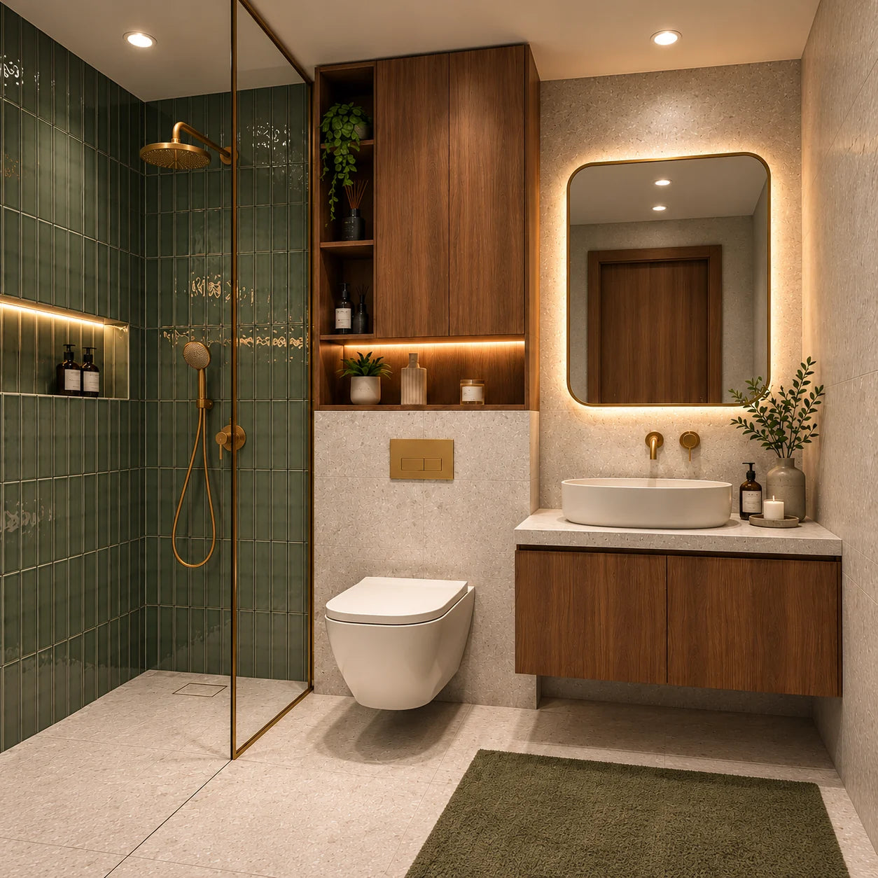 Apartment bathroom with green tile shower, bronze fittings and walnut storage