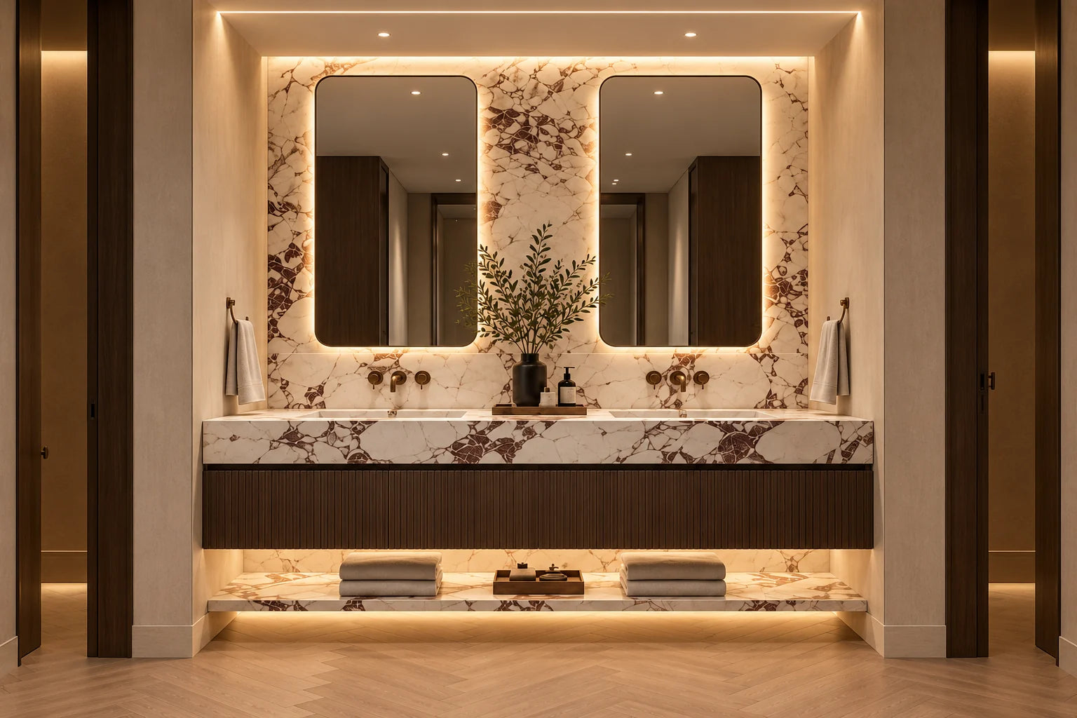 Penthouse bathroom with twin mirrors, double basins, veined stone and fluted walnut vanity