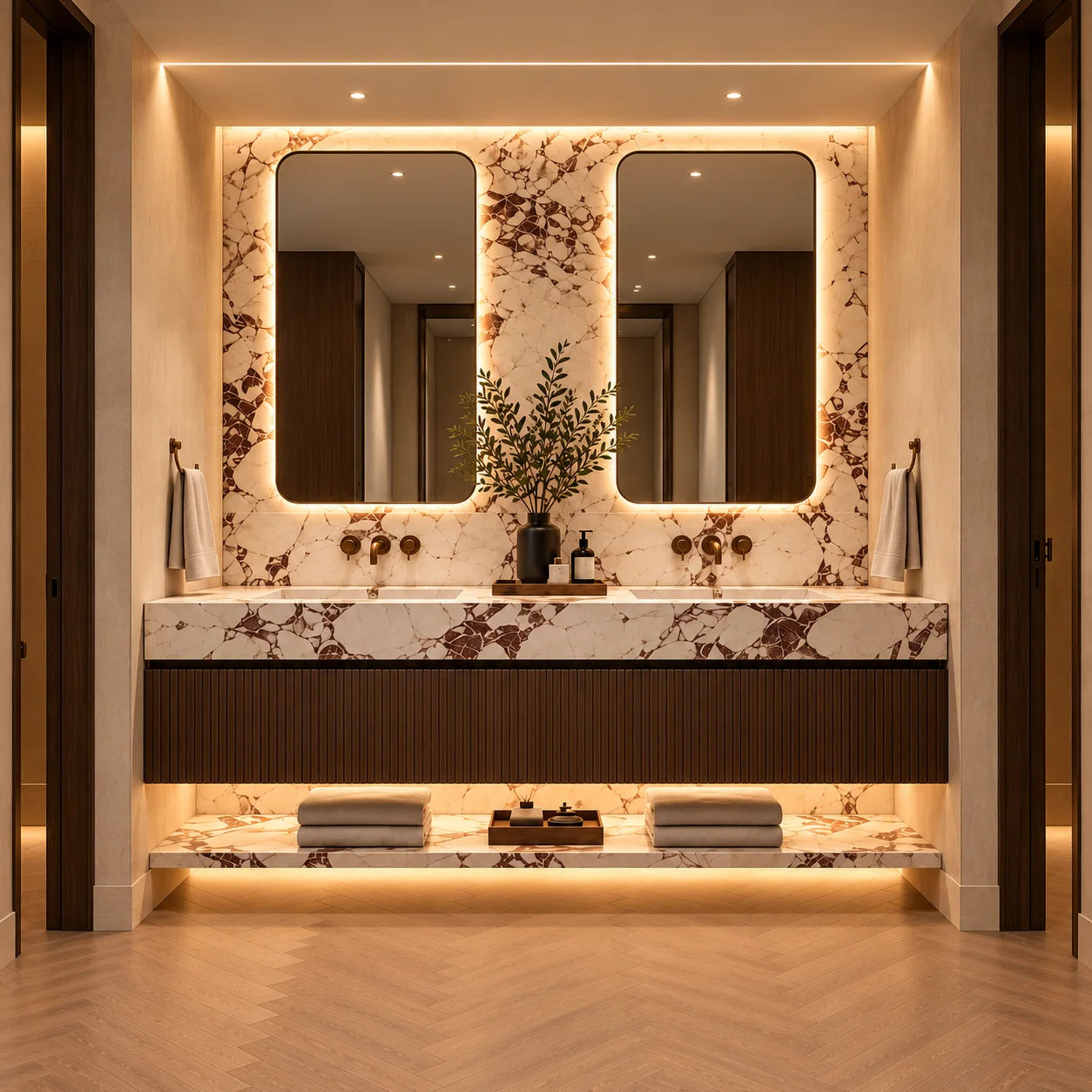 Penthouse bathroom with twin mirrors, double basins, veined stone and fluted walnut vanity