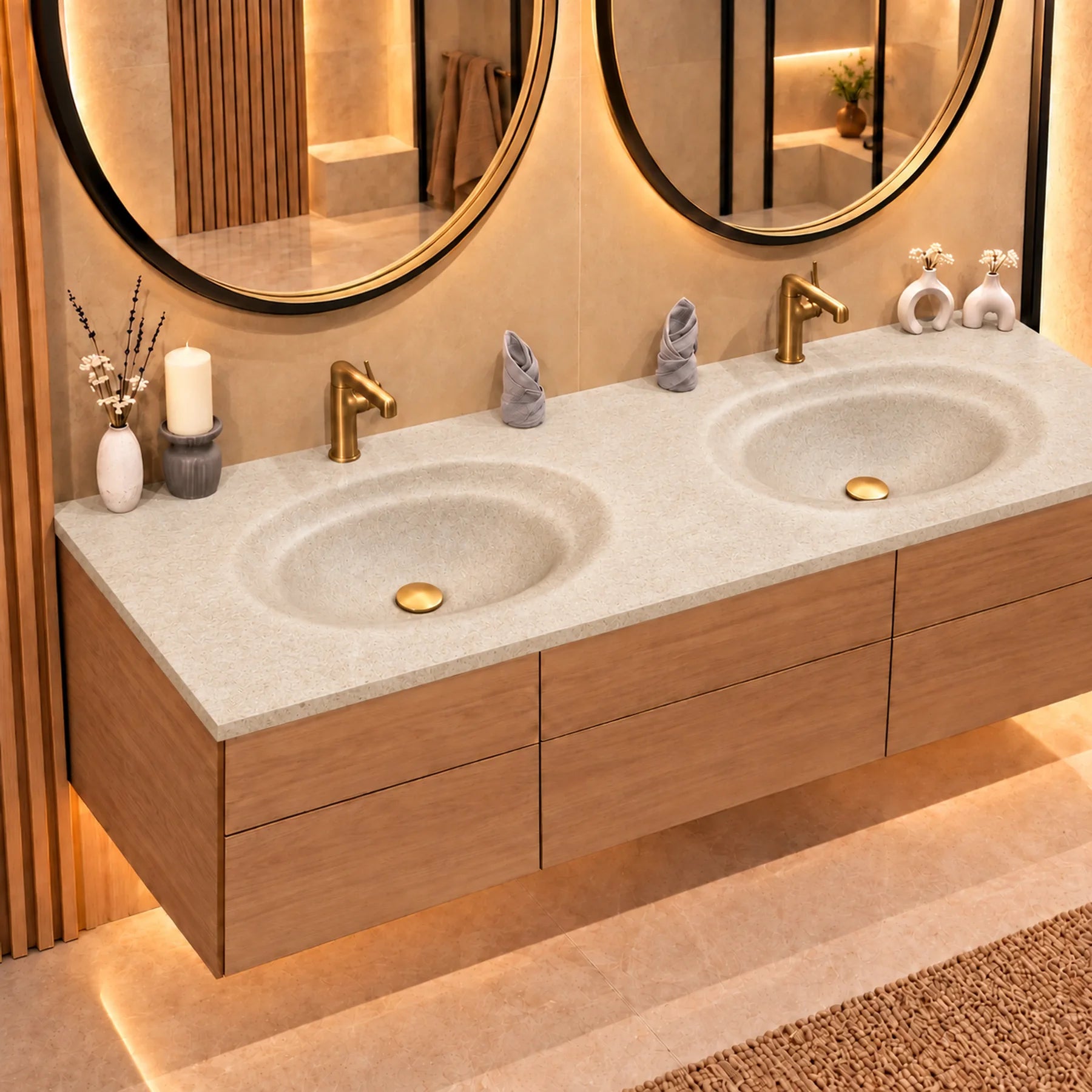 Beige Lime Stone finish on circular bending counter | LAVA CASA