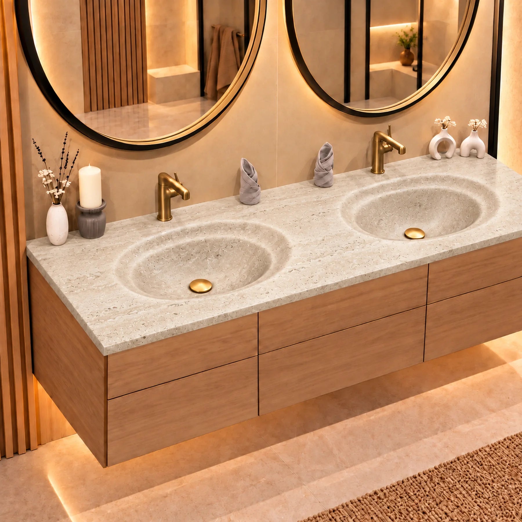 Beige Travertine finish on circular bending counter | LAVA CASA