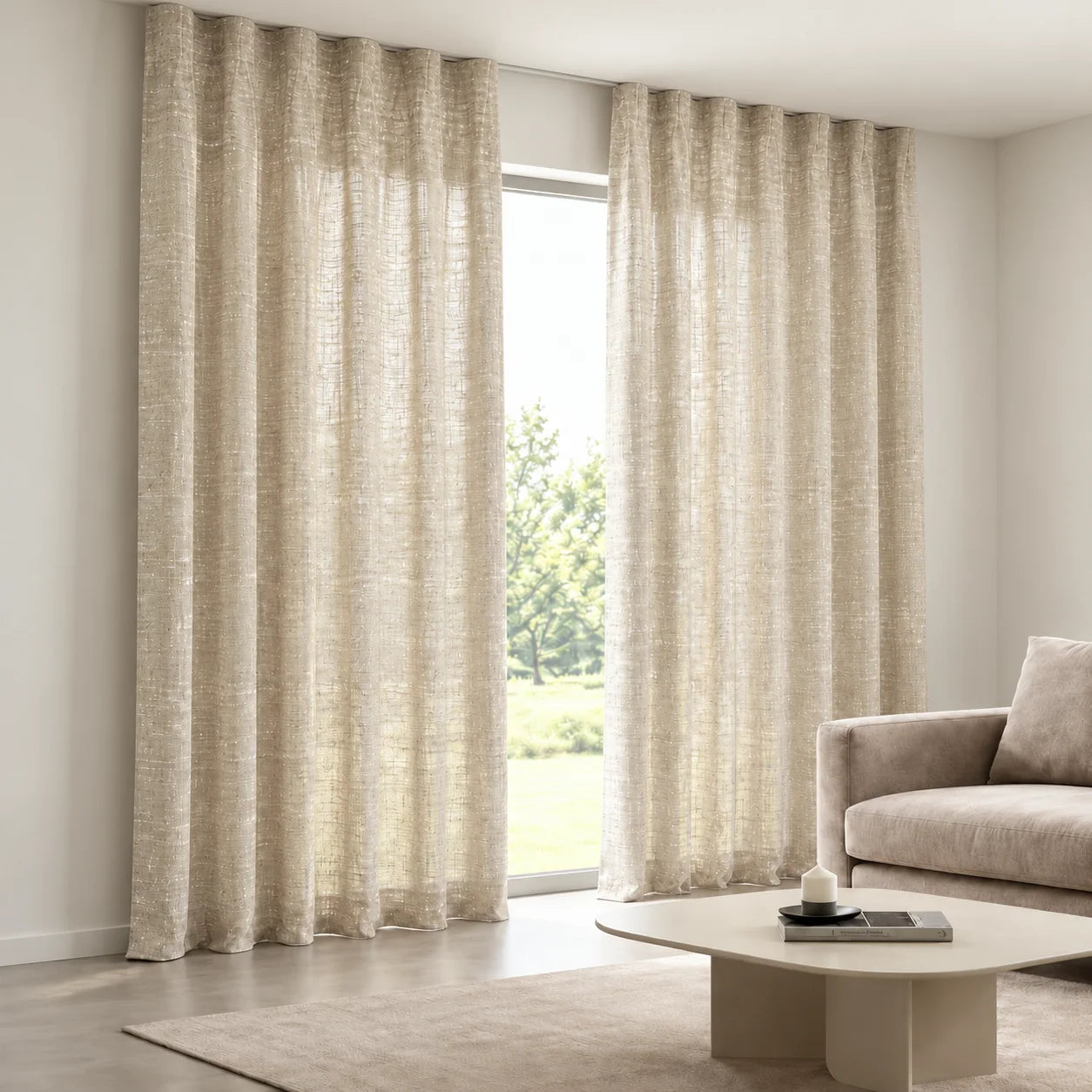 Metallic Champagne Curtain installed on a concealed ceiling track
