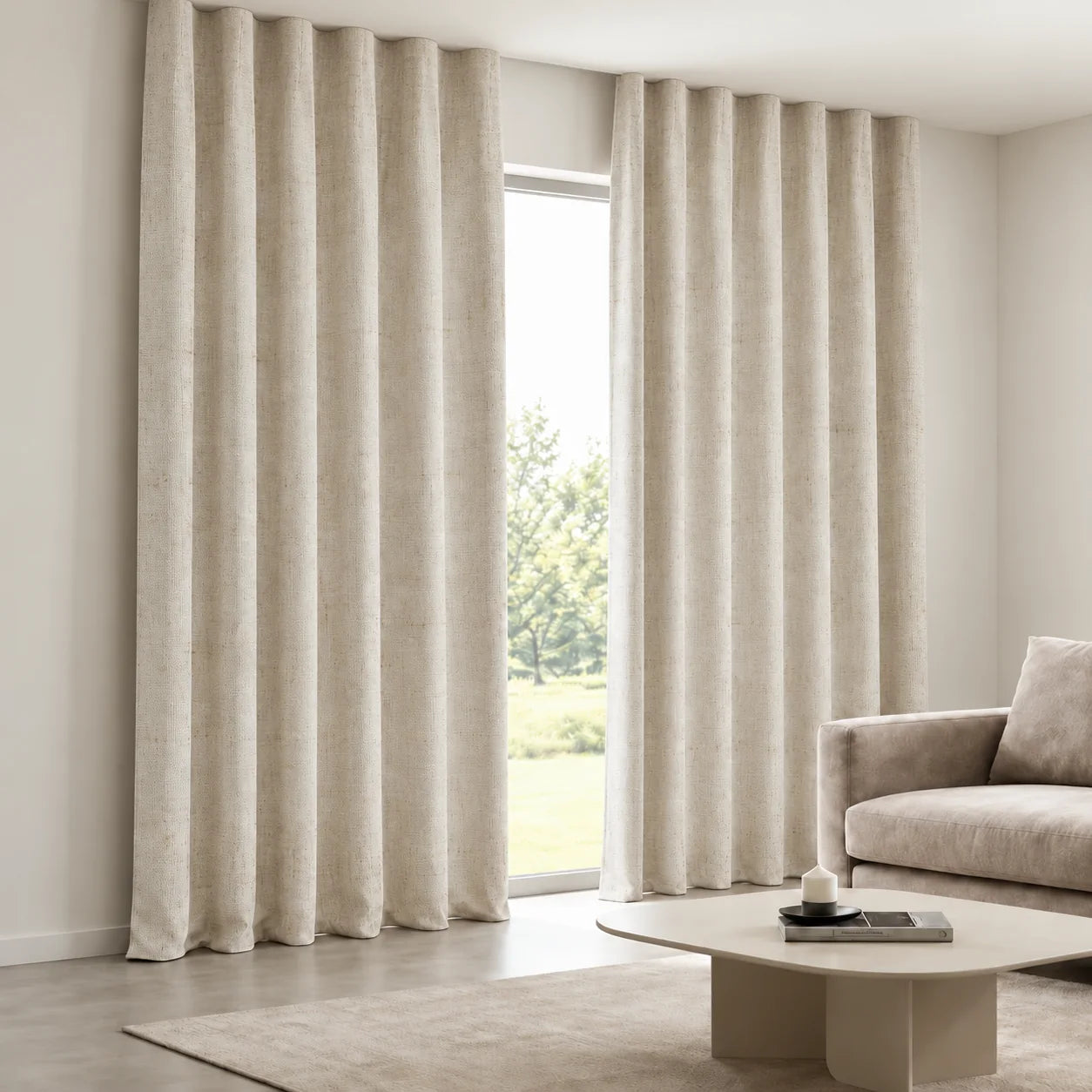 Woven Plain Grey Curtain installed on a concealed ceiling track