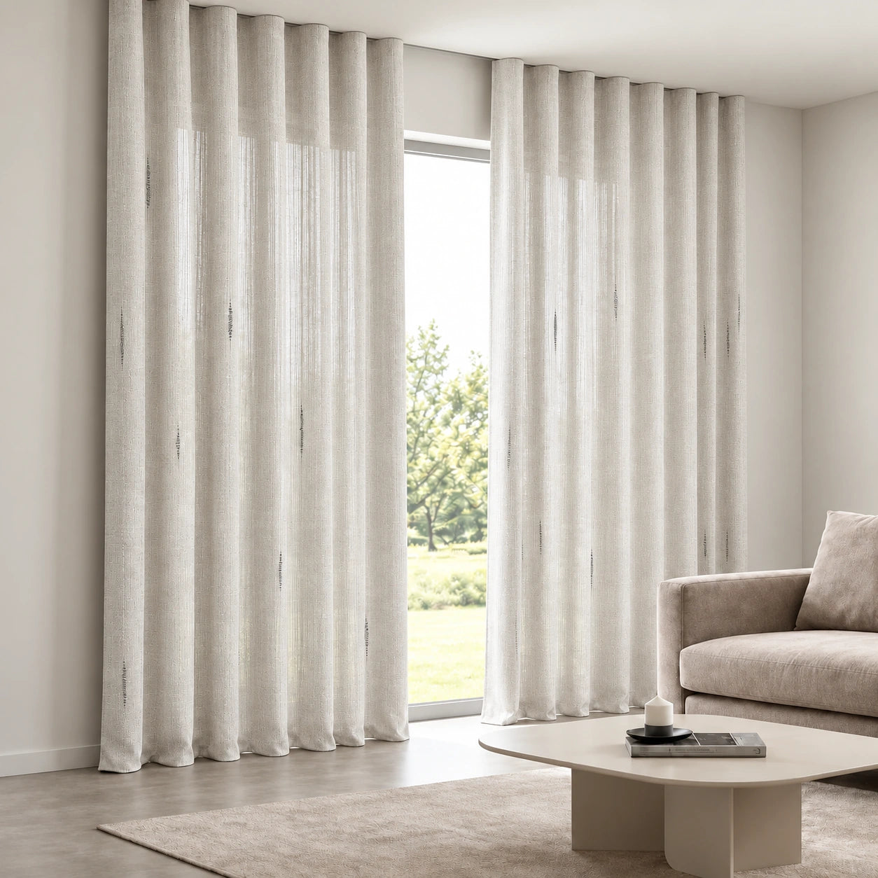 Sheer Metallic-Thread Curtain installed on a concealed ceiling track