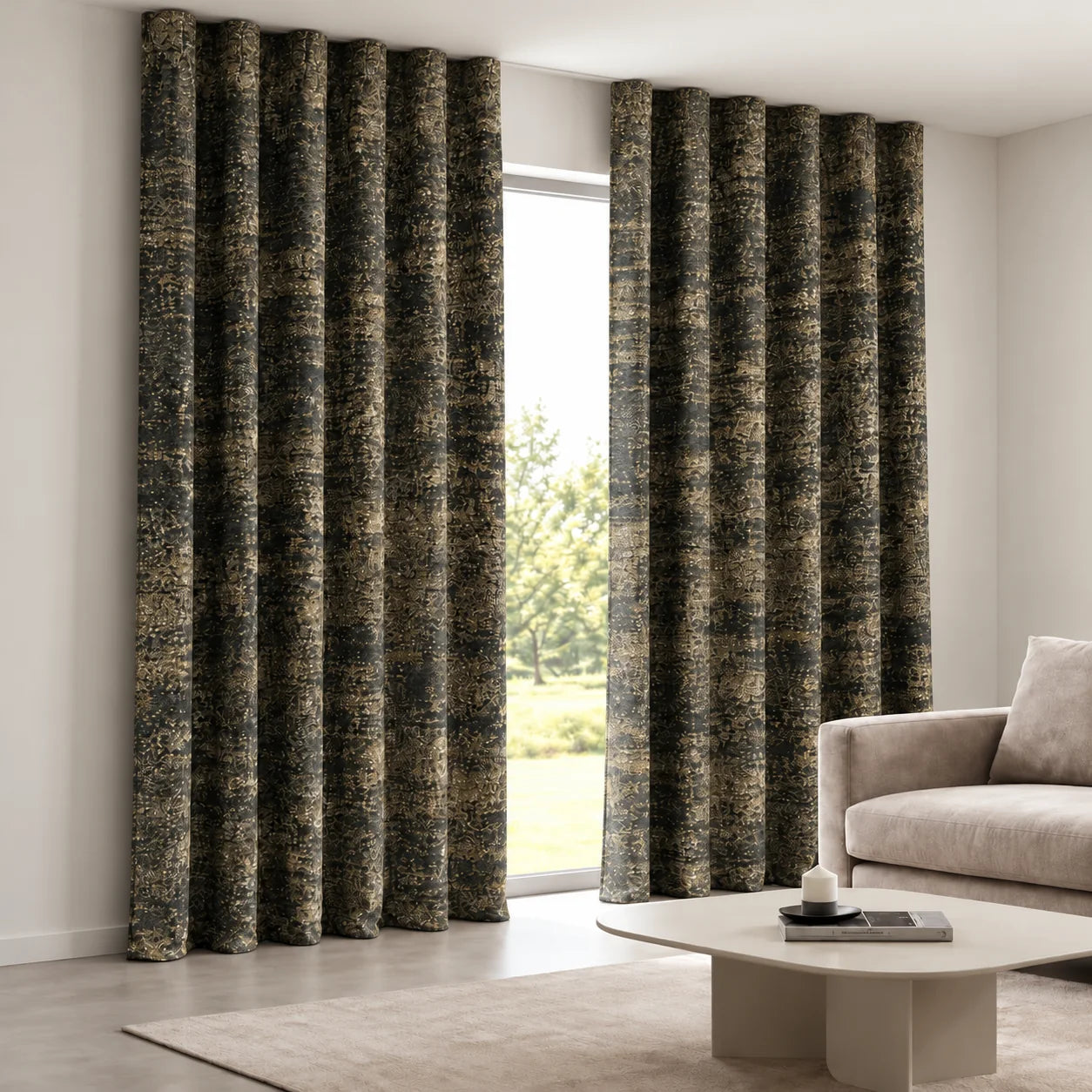 Metallic Charcoal Curtain installed on a concealed ceiling track