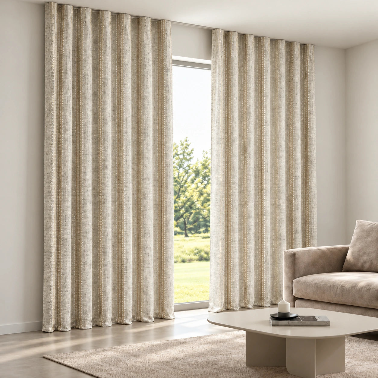 Woven Gold-Stripe Curtain installed on a concealed ceiling track
