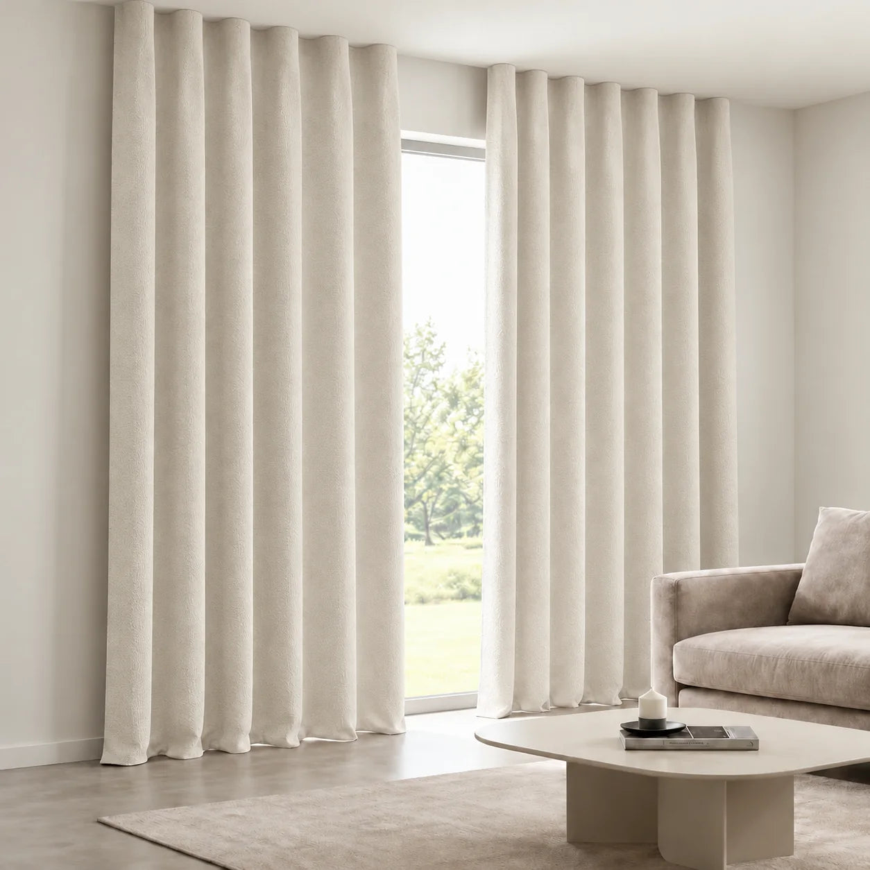 Woven Plain Taupe Curtain installed on a concealed ceiling track