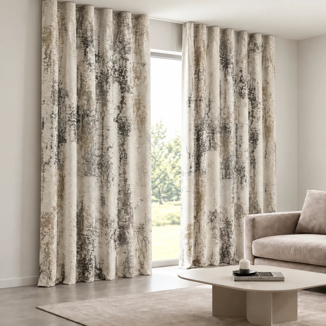 Printed Brushstroke Curtain installed on a concealed ceiling track