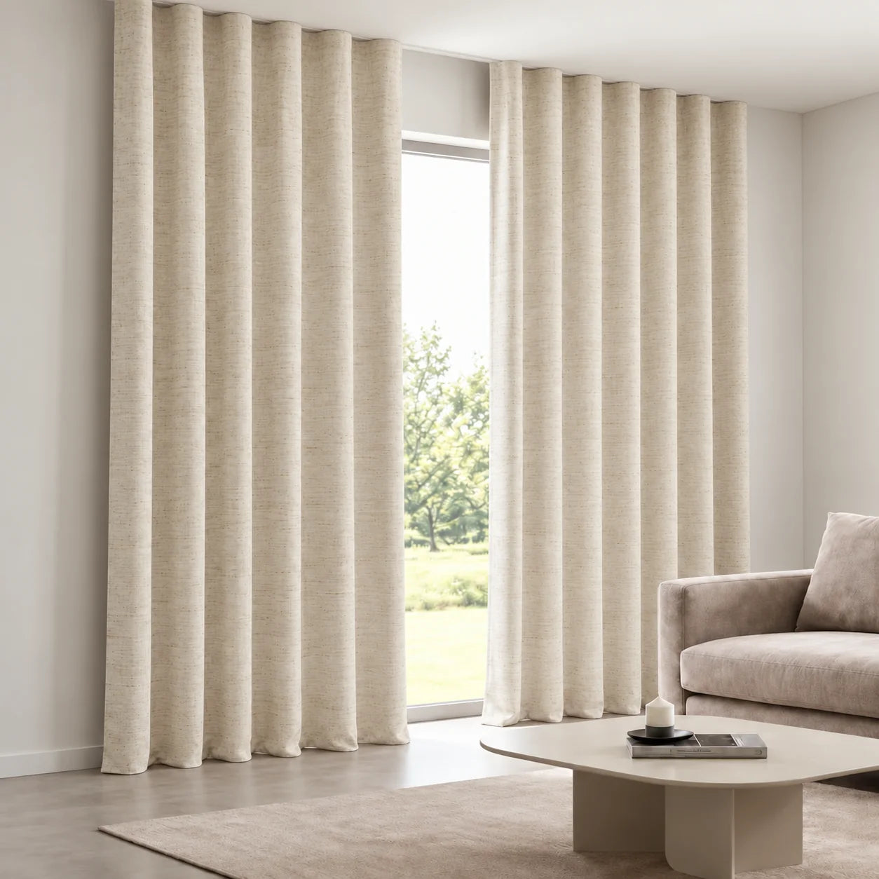 Linen Oatmeal Curtain installed on a concealed ceiling track