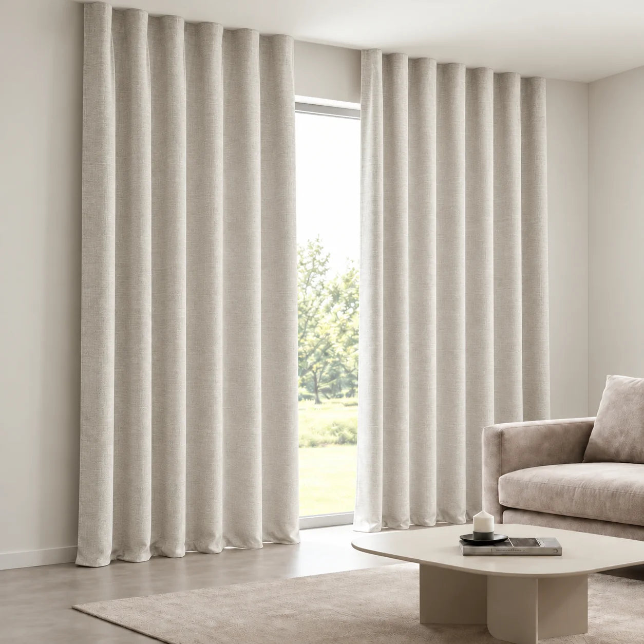 Woven Pebbled Curtain installed on a concealed ceiling track