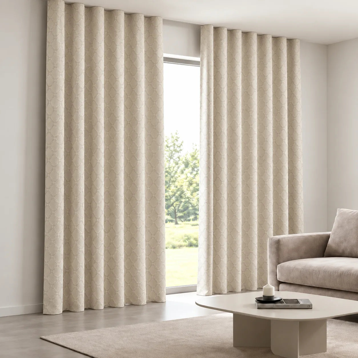 Satin Lattice Curtain installed on a concealed ceiling track