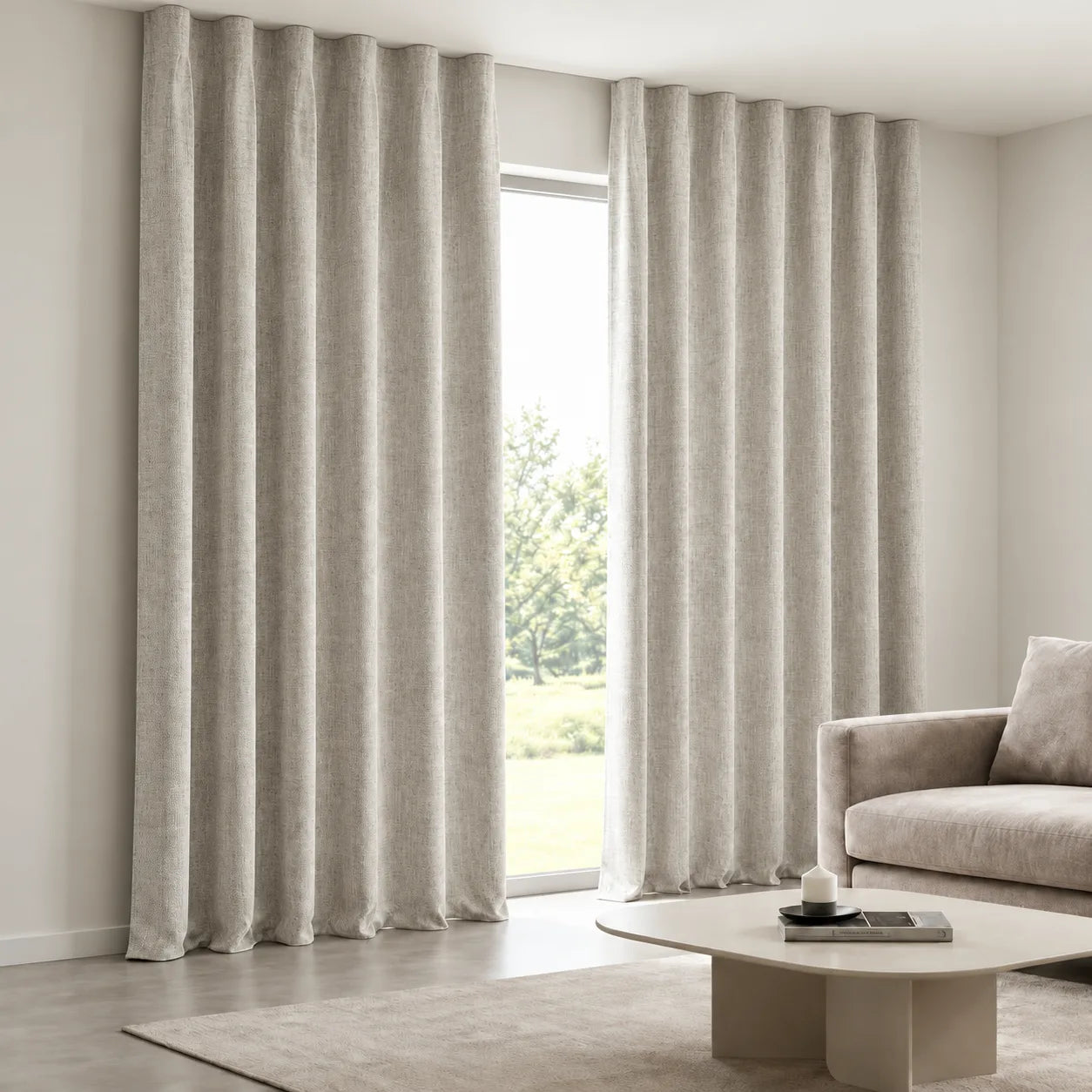 Woven Charcoal-Ivory Curtain installed on a concealed ceiling track