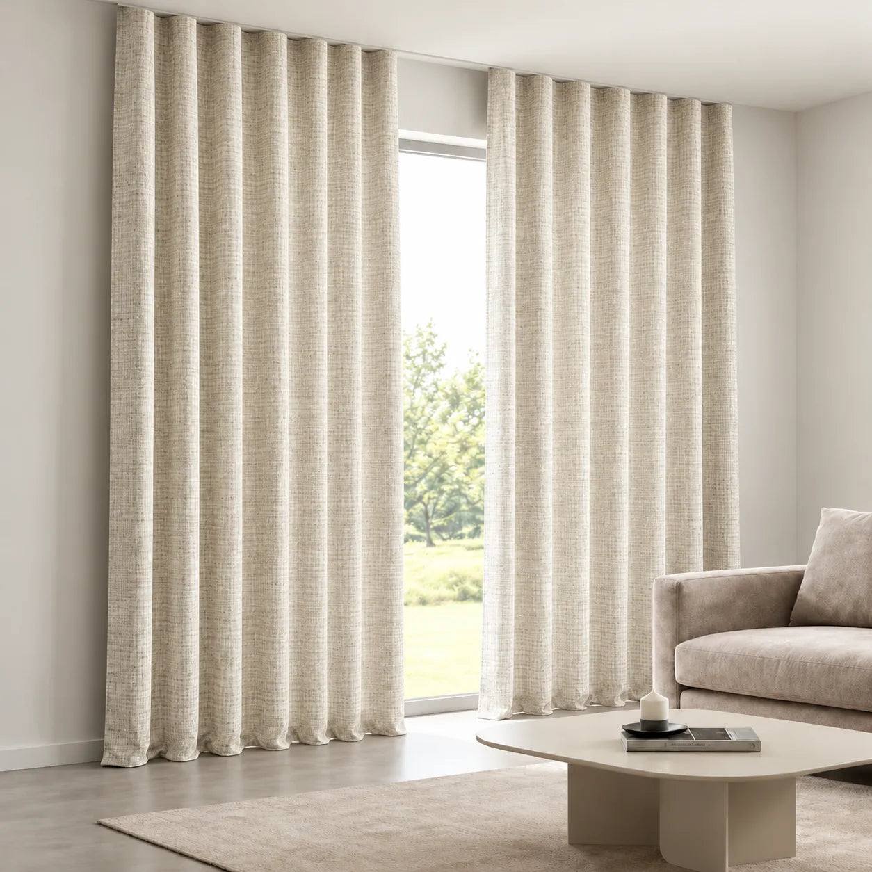 Metallic Basket-Weave Curtain installed on a concealed ceiling track