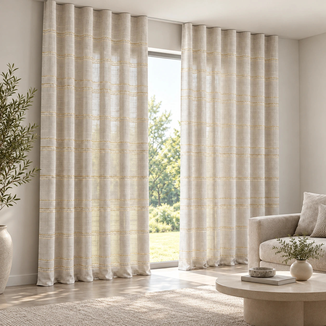 Sheer Metallic-Stripe Curtain installed on a concealed ceiling track