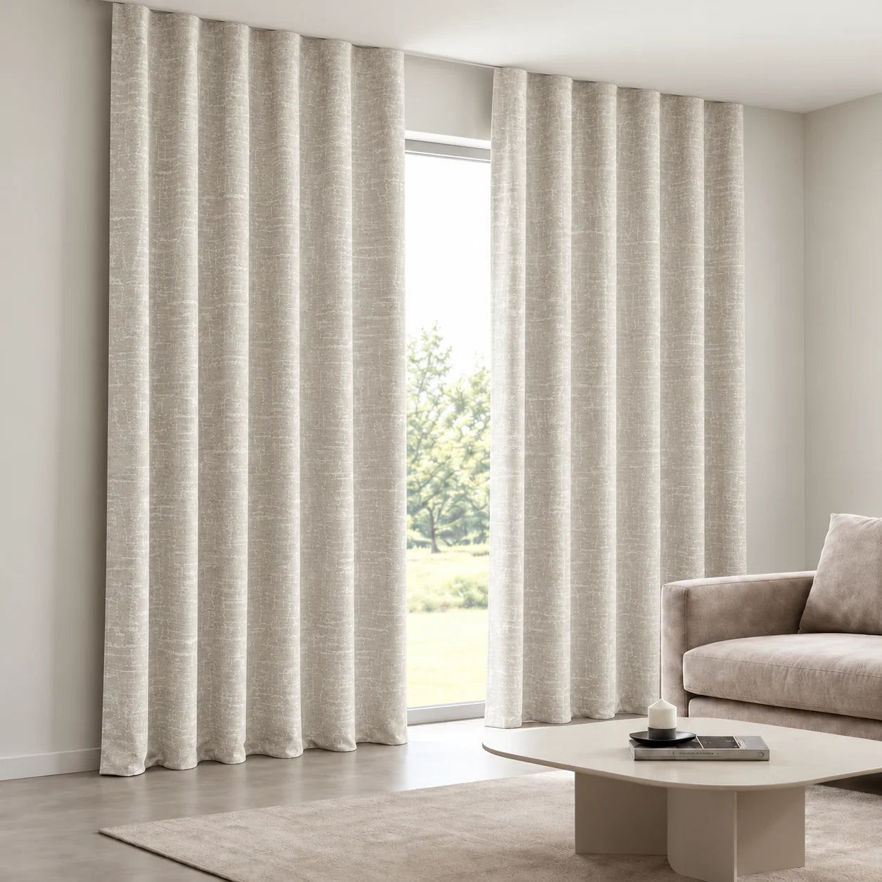Woven Geometric Curtain installed on a concealed ceiling track