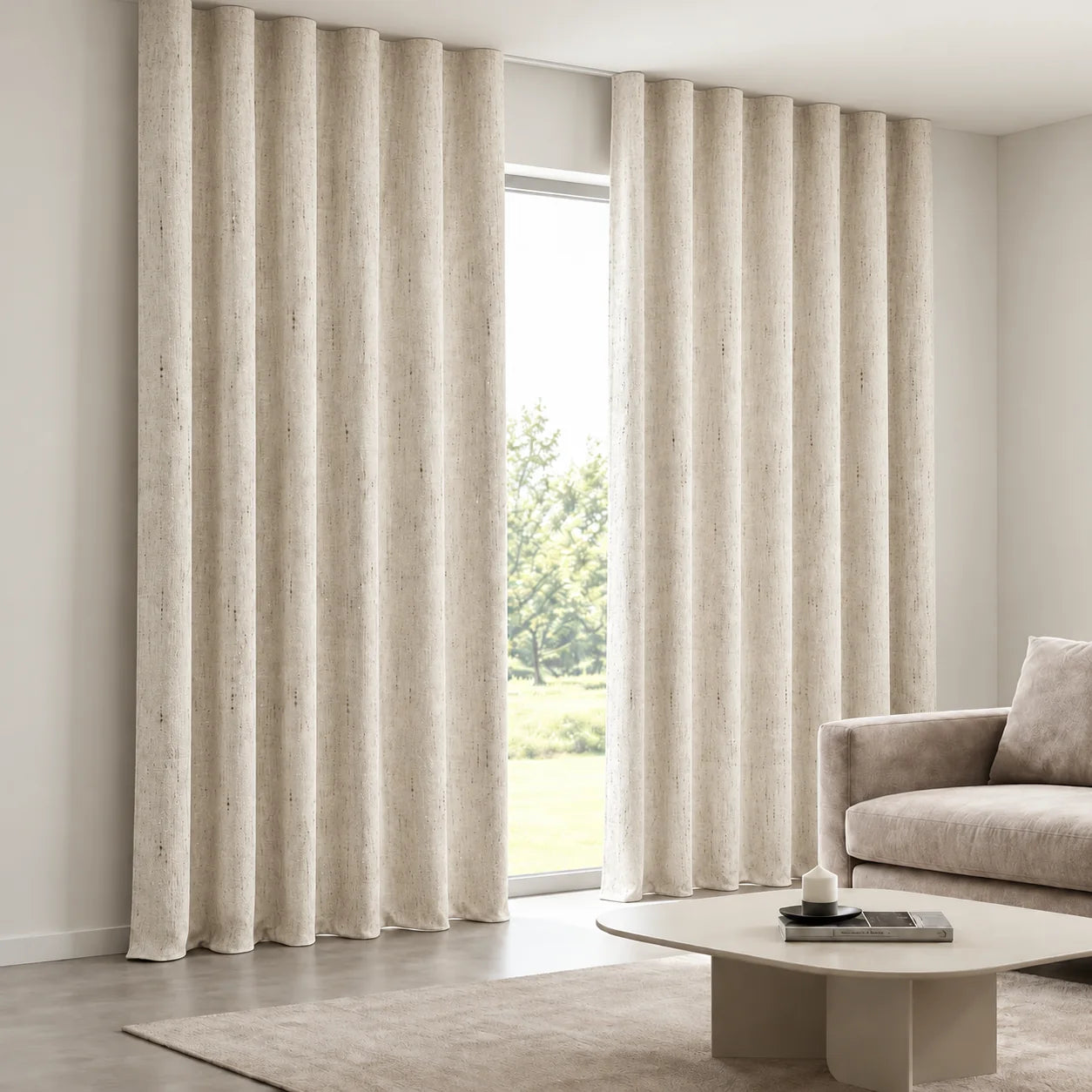 Woven Beige Slub Curtain installed on a concealed ceiling track