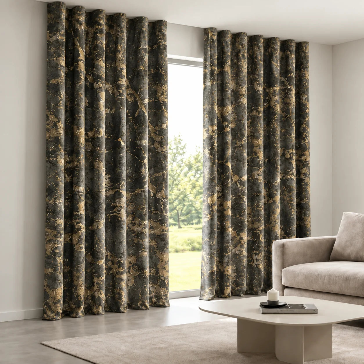 Velvet Gold-Foil Curtain installed on a concealed ceiling track
